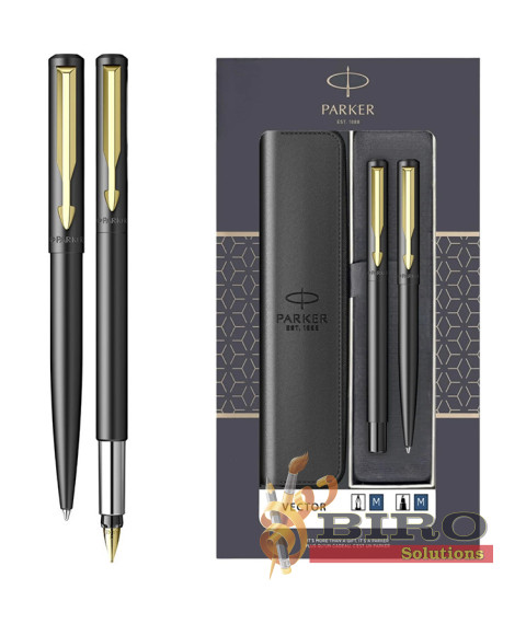 Set Parker Vector Metal Negru CT – stilou + pix, casetă cu fereastră și etui